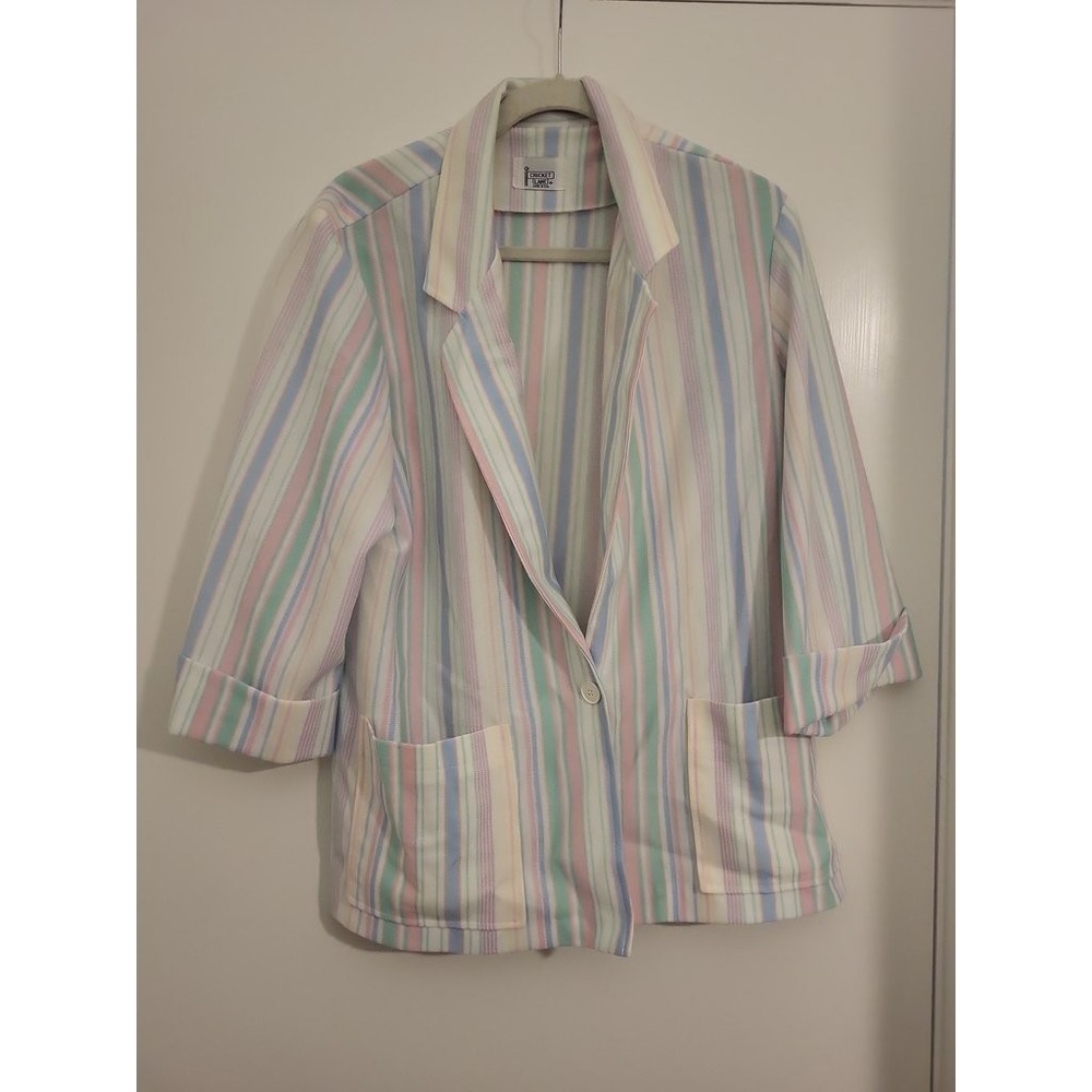 Vintage 80s Cricket Lane Pastel Striped Jacket Womens M L Made in USA 3/4 Sleeve